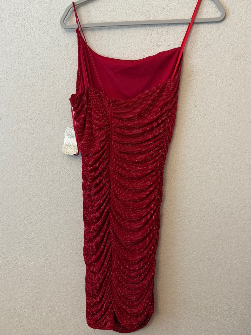 One Shoulder Red Ruched Slip Dress - Picture 2 of 3
